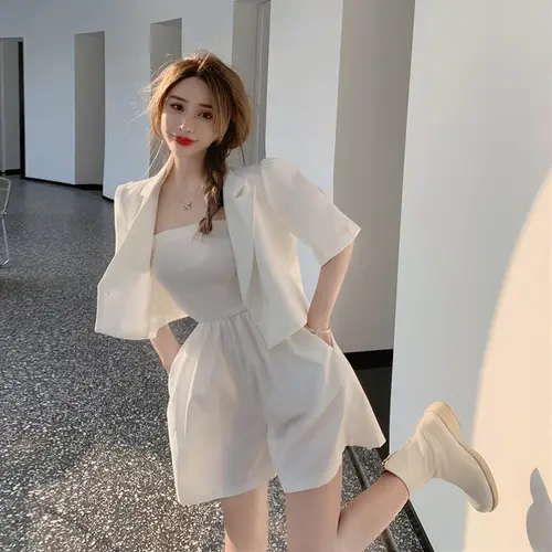 얇은 루즈 슈트 코트 및 반바지, 오프 숄더 단색 반바지 세트, 트렌드 한국 패션 여성 의류, 여름 신상 3
