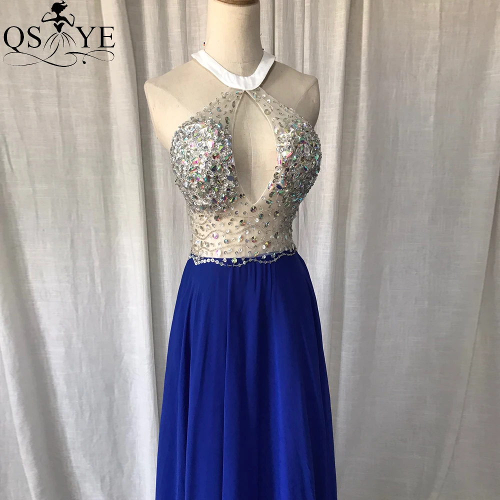 plus size prom & dance dresses Royal Blue Bead Prom Dresses Crystal Chiffon Evening Gown Halter Neck Party Dress A line Princess Open Back Girl Formal Gown New yellow prom dresses