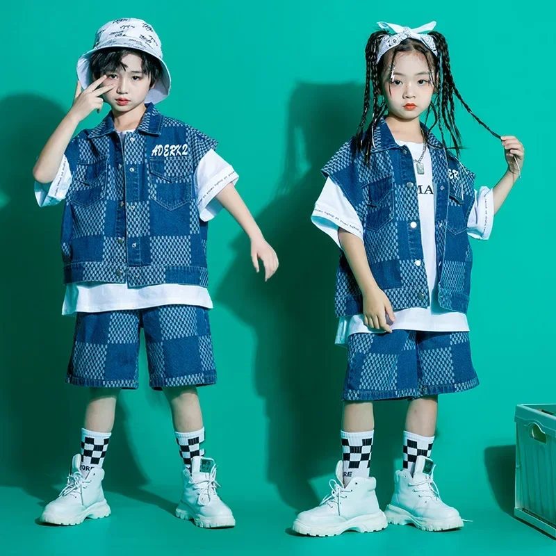 

Kid Kpop Hip Hop Clothing Checkered Sleeveless Jacket Denim Vest Top Summer Jeans Shorts for Girl Boy Jazz Dance Costume Clothes