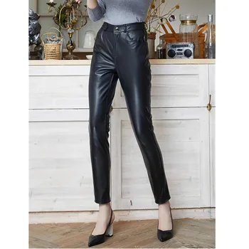 Women's Black Genuine Sheepskin Trousers, Female Slim Pencil Pants, Autumn and Winter, OL Slim Pants