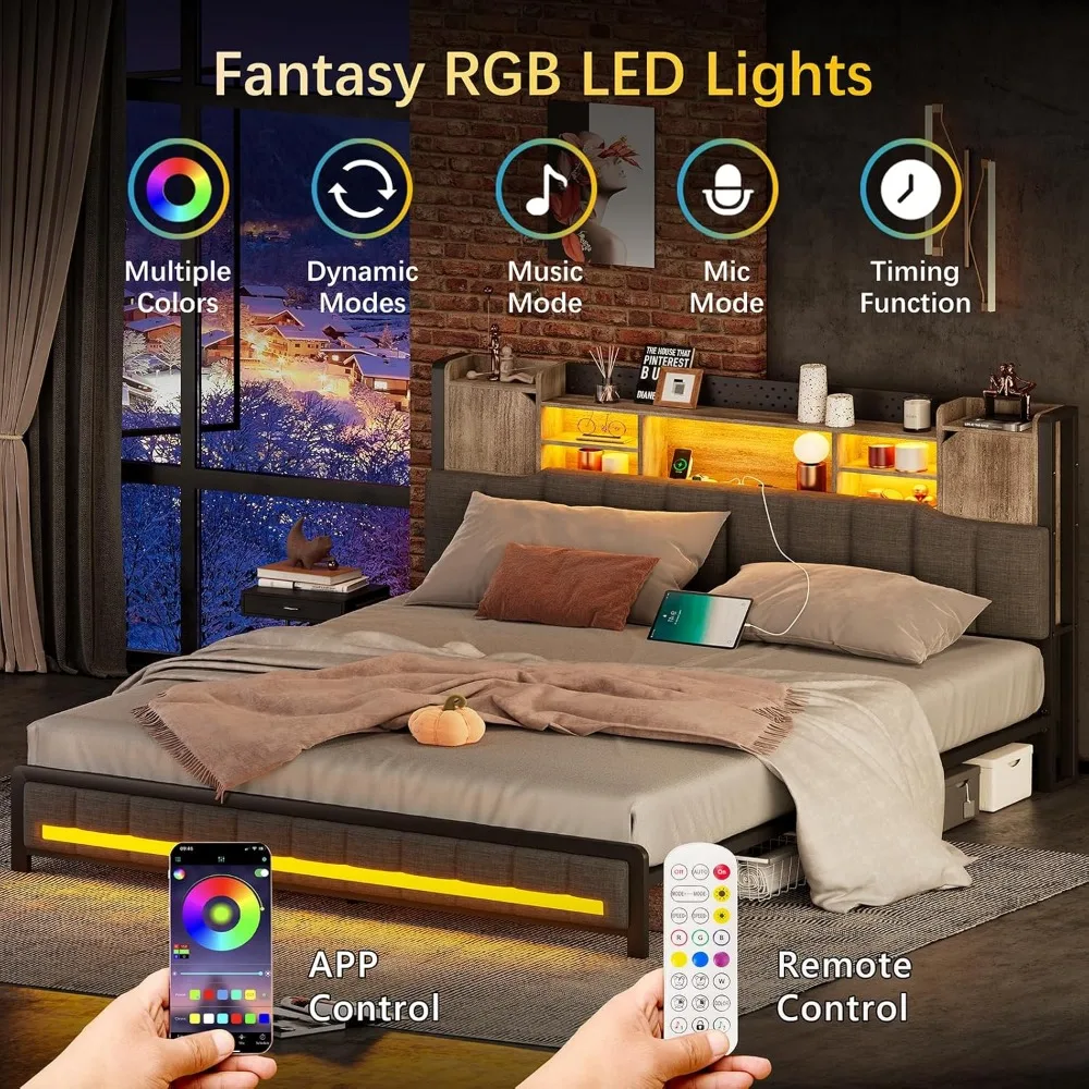 Queen Bed Frame with Storage Bookcase Headboard & LED Lights, Upholstered Bed Frame Queen Size with USB Charging Station 3