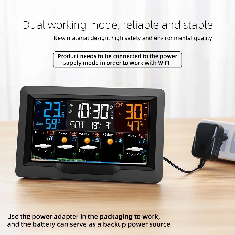 WIFI Smart Weather Station Clock FJ3390TY-A Indoor and Outdoor Temperature & Humidity Meter Large Color Screen Weather Clock