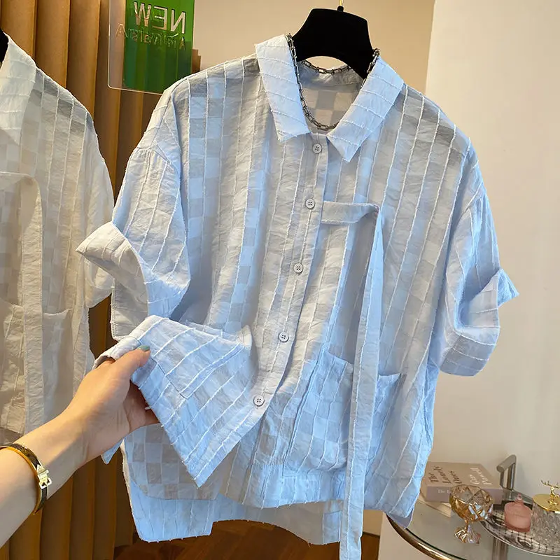 

Летняя дизайнерская белая клетчатая шифоновая рубашка SuperAen 2024 с коротким рукавом и защитой от морщин
