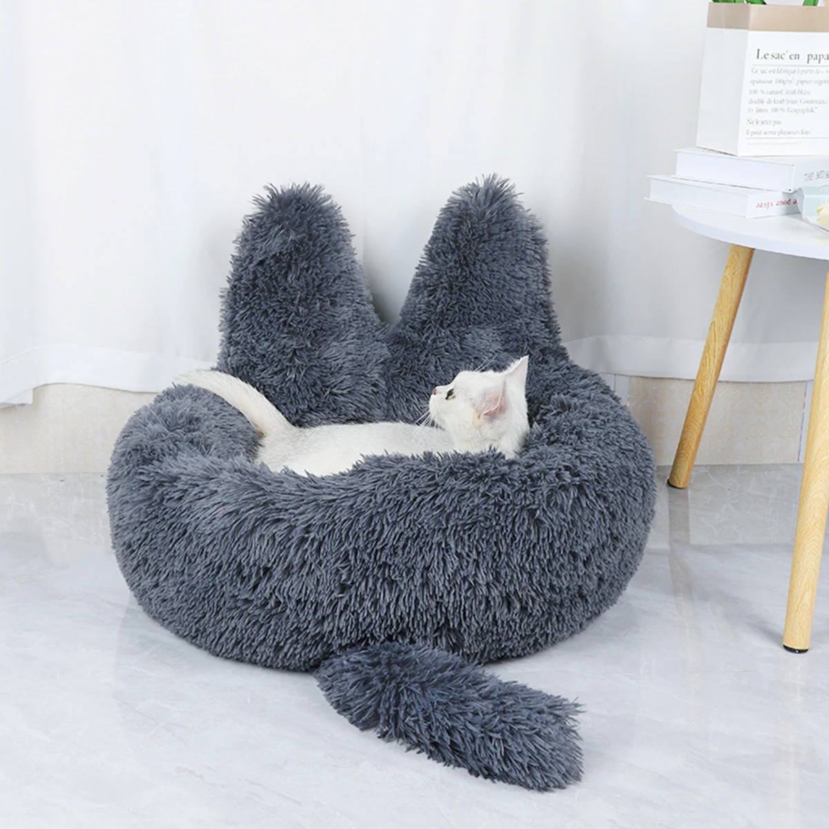 

Gray Cat Bed Warming Cozy Soft Dog Round Sleeping Beds Fluffy Faux Fur Plush Pets Winter Cushion Mat for Small Kitten Puppy