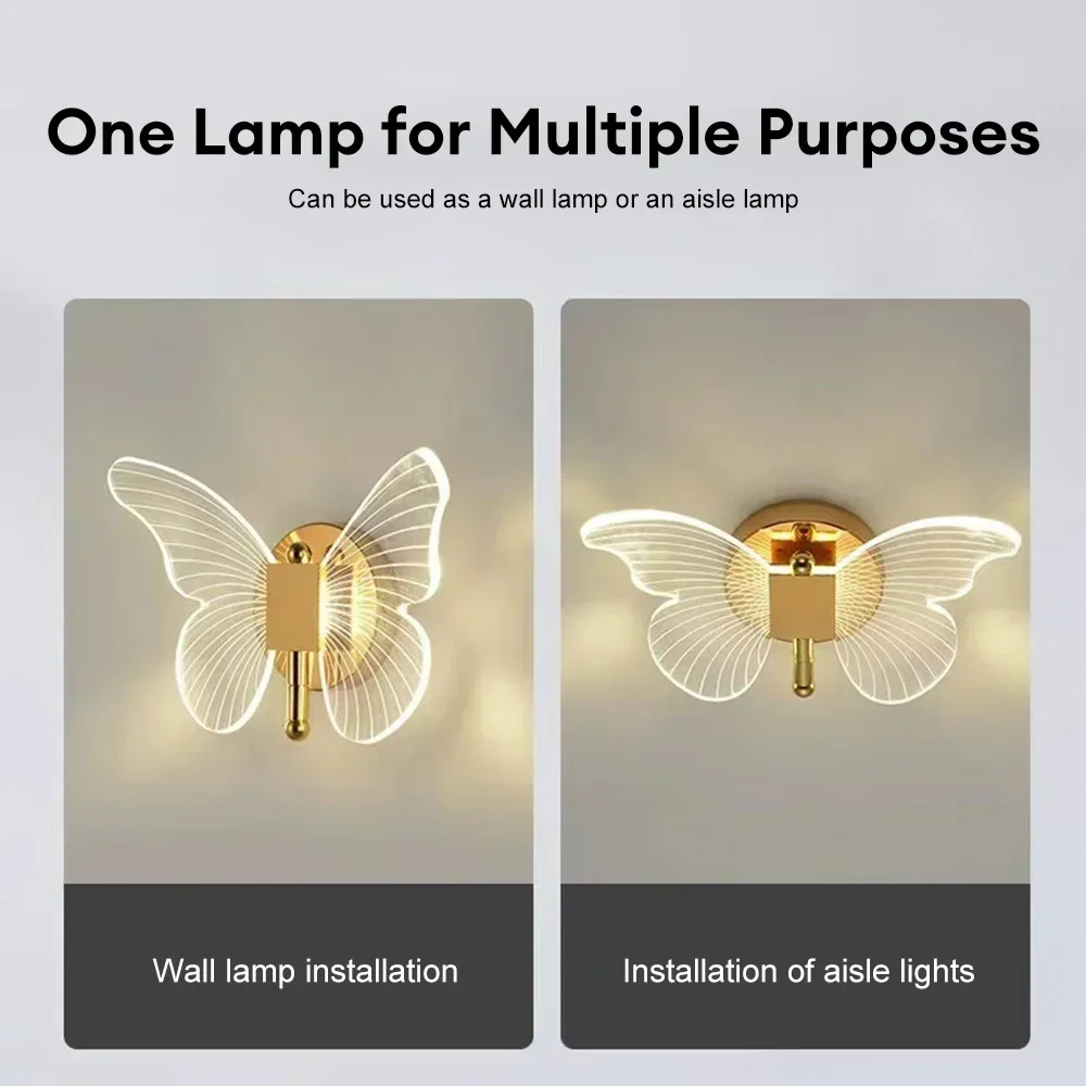Acrylic Butterfly LED Wall Lamp Interior Modern Metal Wired Wall Lamp Tricolor Adjustment Bedside Wall Light Sconces Christmas
