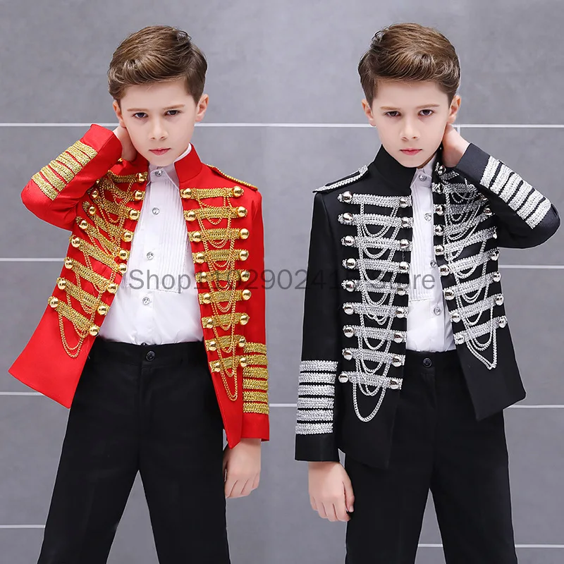 

Steampunk Prince Costume Military Tassel Chains Jacket Shoulder Pad Coat Pop Stars Blazer Suits Royal Outfit For Boy Kid Noble