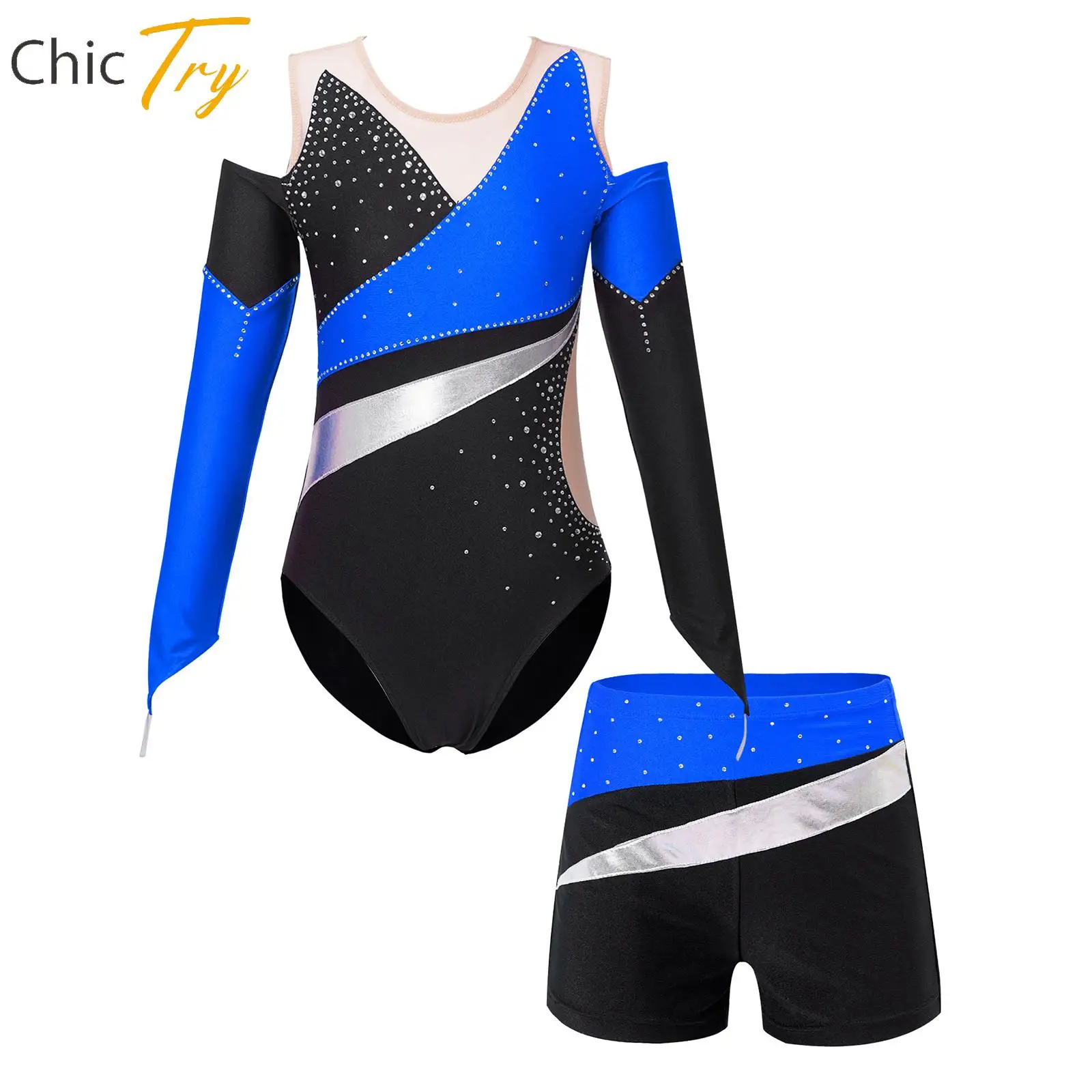 

Girls Ballet Dance Outfits Off-shoulder Gymnastics Leotards with Shorts 2Pcs Set Figure Skating Costume Performance Dancewear