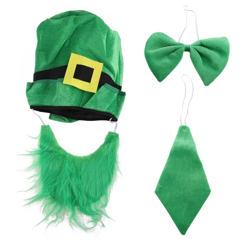 

New Patricks Day Cosplay Costume Set Top Hat with Beard Green Bow Tie Necktie