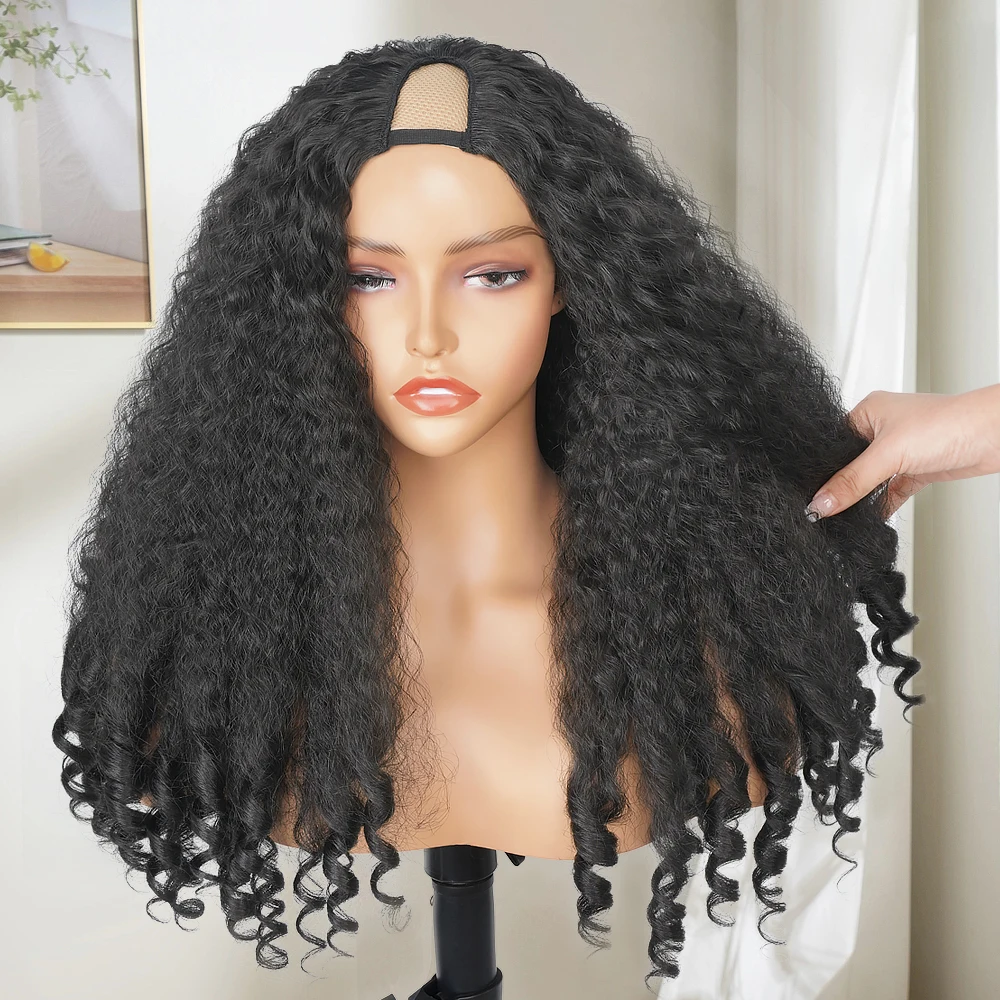 Afro kinky Curly V Part Wig Synthetic Kinky Straight with Curly Ends Fluffy Bouncy Hair for Women Braided Hair Black