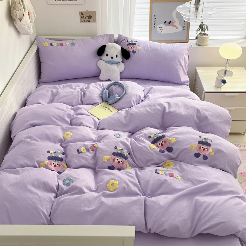 보라색 세탁 침구 세트, 면 수건 자수 작은 인형, 기숙사 골판지 이불 커버 이불 세트, 4 피스 세트