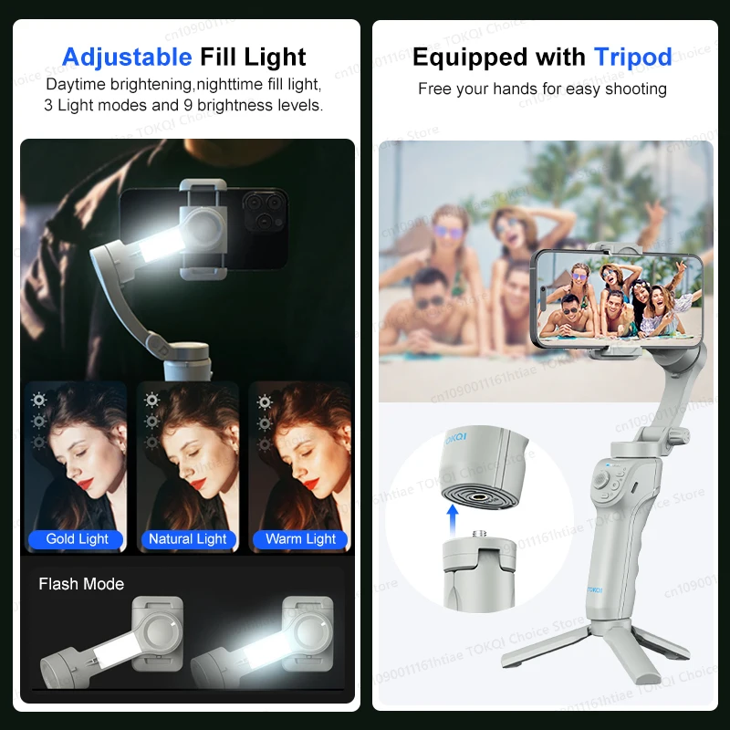 TOKQI M01 3-Axis Anti-Shake Handheld Gimbal Phone Stabilizer Foldable Holder Selfie Tripod with Fill Light for iPhone Smartphone 3