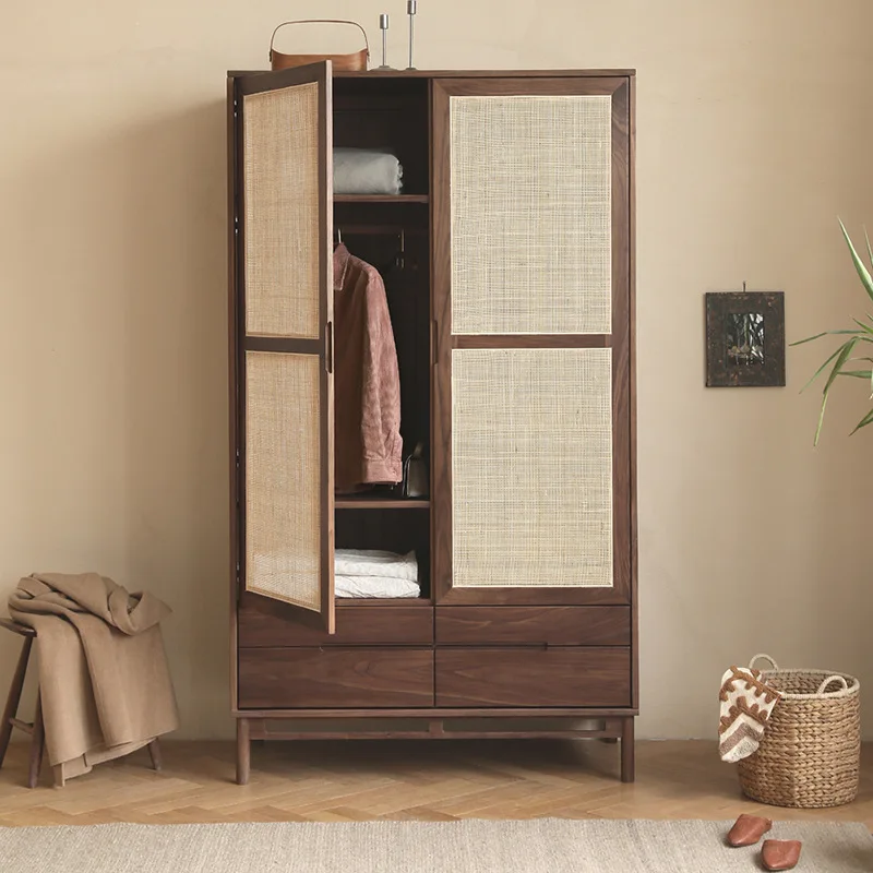 

Household Japanese vintage rattan wardrobe combination walnut solid wood double-door storage wardrobe small bedroom designer