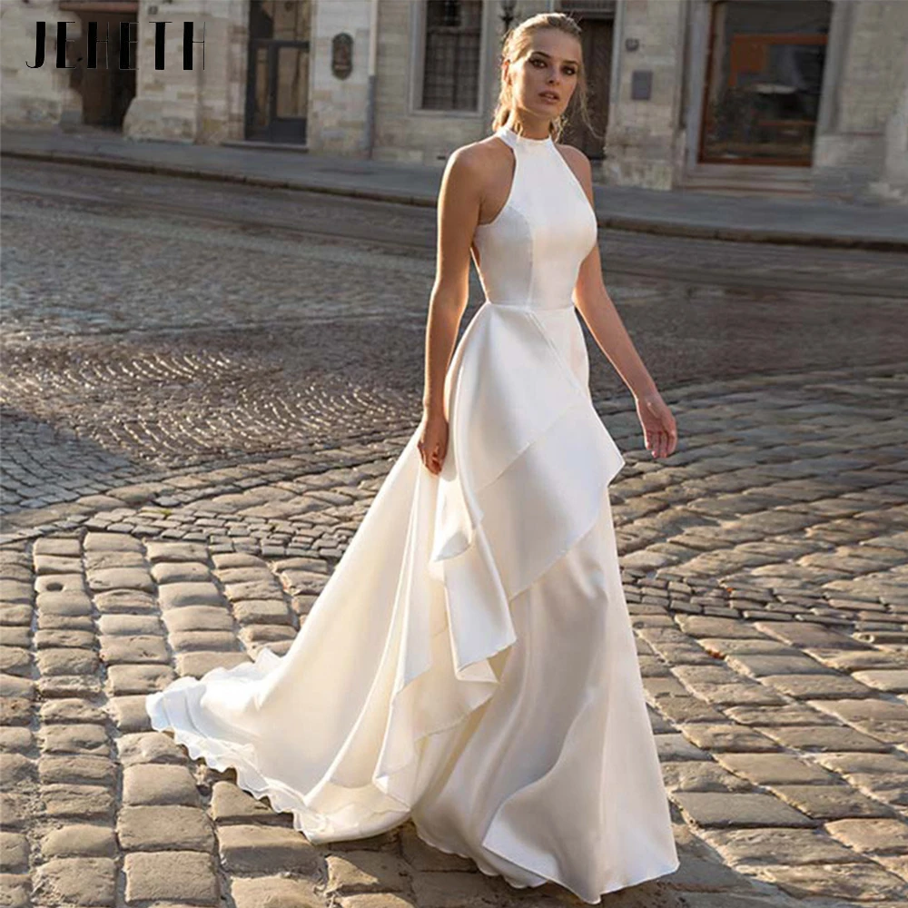 

JEHETH Exquisite 2023 Halter Neck Open Back Wedding Dress A-Line Sleeveless Satin Bridal Gown Boho vestido de noiva civil