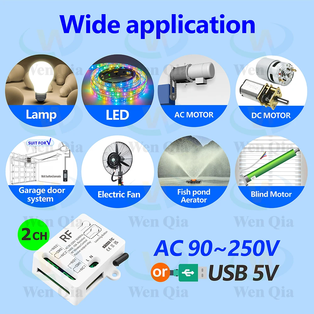 433MHz 범용 무선 원격 제어 스위치 2 채널, AC 110V 220V RF 릴레이 수신기, 조명/팬/모터/차고 문 오프너 등