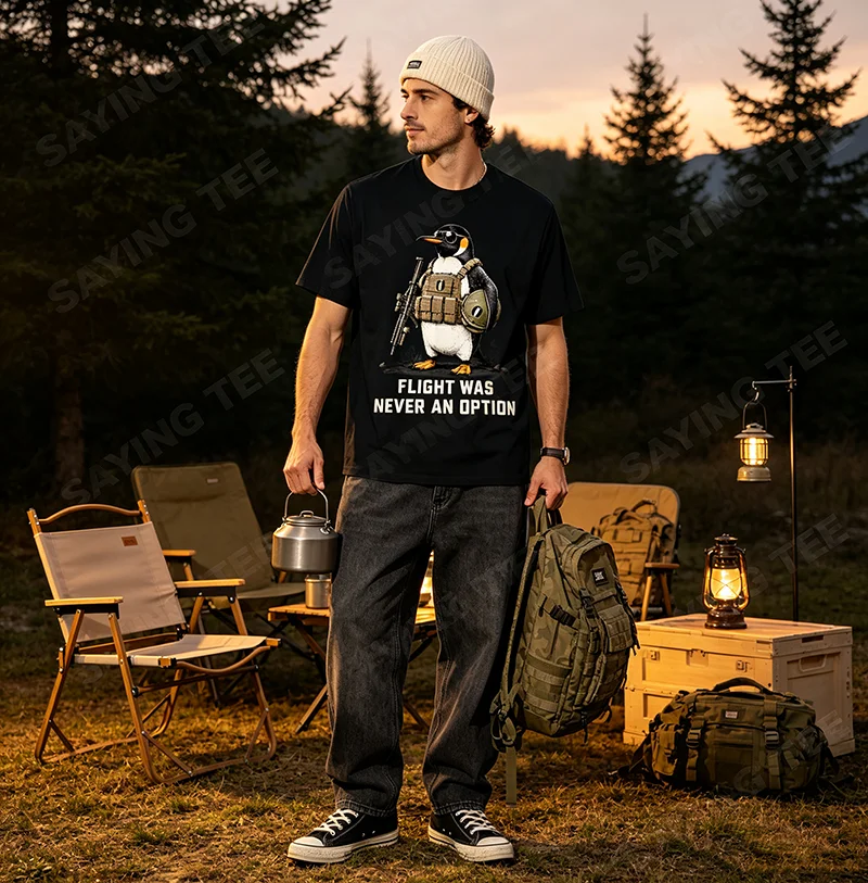 Lustiges taktisches T-Shirt mit Pinguin-Grafik „Flight Was Never An Option“ Y2k Sarkastisches Pinguin-Vogel-Grafik-Bekleidungsstück Herrenmode-T-Shirt