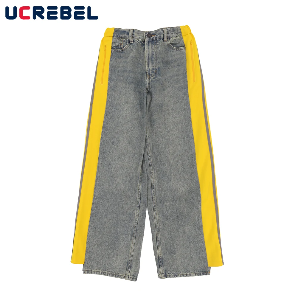 

High Street Loose Contrast Paneled Straight-leg Jeans Mens Washed Distressed Casual Wide Leg Pants Men