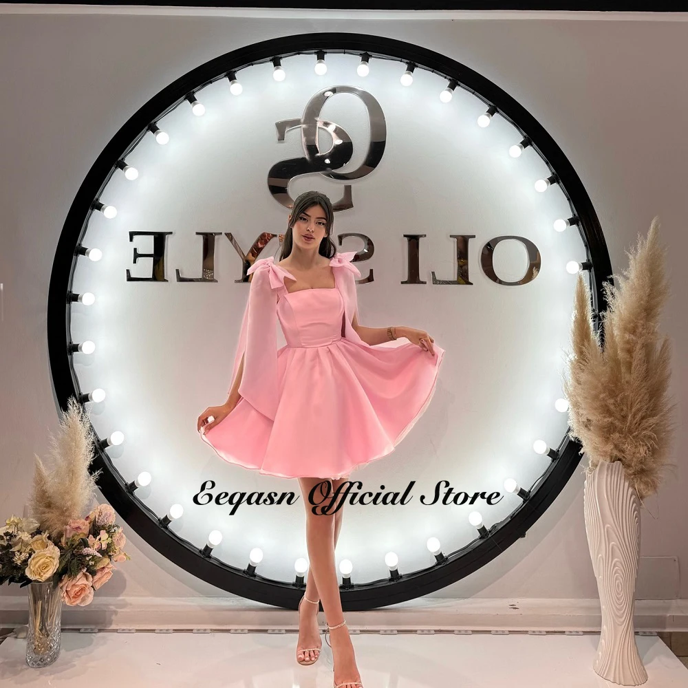 Cute Short Cocktail Dress A Line Bow on Straps Organza Pink Strapless Mini Graduation Prom Dresses Vestidos De Gala