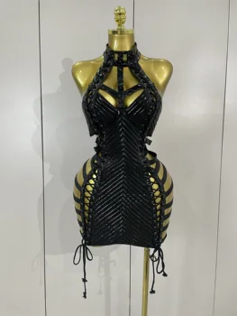 Sexy Black Leather Hollow Out Gothic Bandage Halter Short Dress Women Gogo Dance Singer Nightclub Bar Performance Stage Wear 1