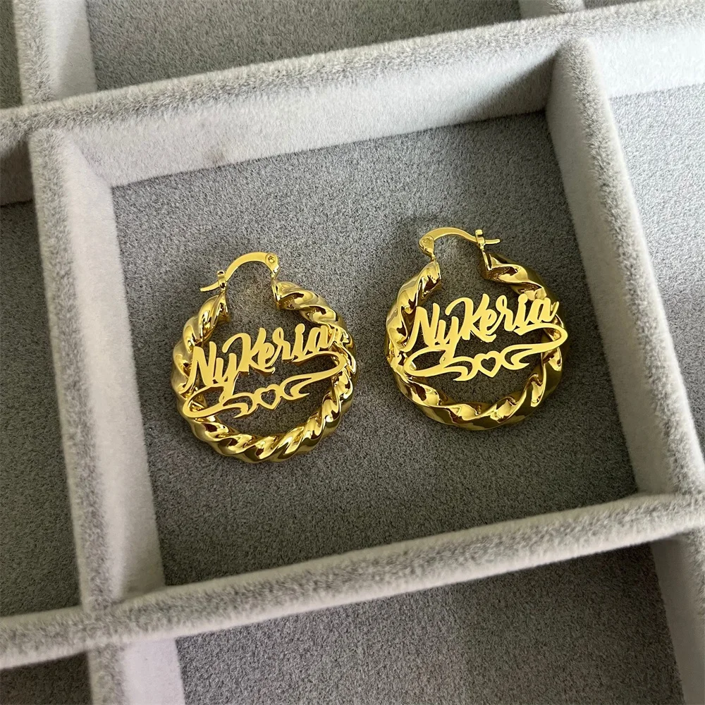 2023 Custom 30mm Cute Name Girl Earring Gold Plated Twist Hoop Heart Earrings Personalized kids Earring For Children Jewelry