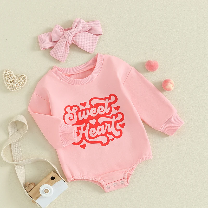 

Newborn Girl Valentines Day Clothes Long Sleeve Crew Neck Love Letters Heart Print Romper with Hairband Kids Sweety Jumpsuits