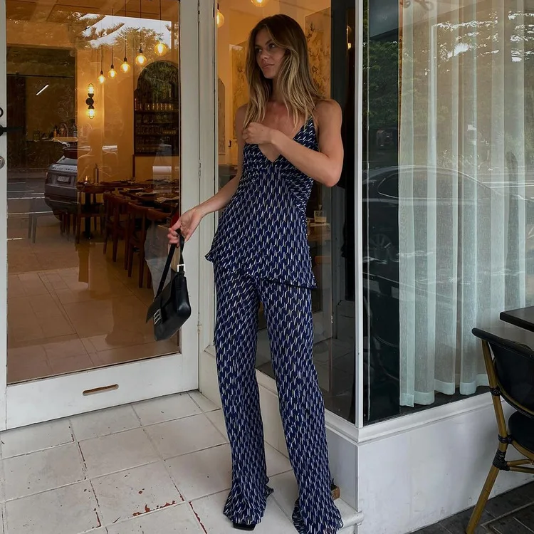 Printed Fashion Women's Pants Outfits V-Neck Contrast Slim Pullover And Wide Leg Trousers 2 Piece-Set Clothes Casual Sets