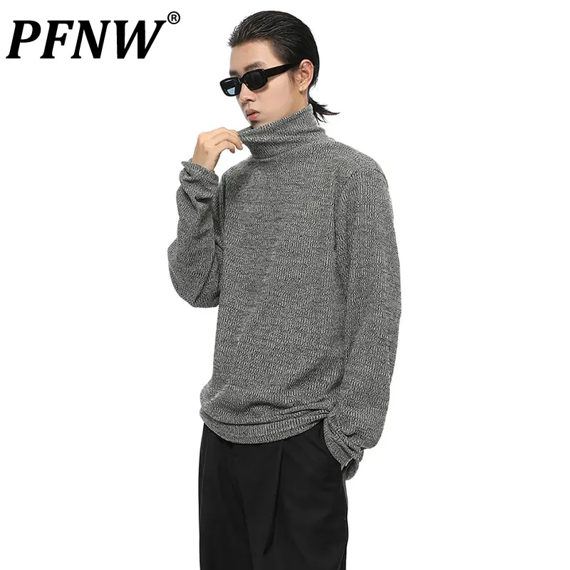 

PFNW Long Sleeve Men's Knitted T-shirts Vintage Casual High Neck Heaps Collar Male Knits Pullovers 2023 Autumn Chic New 28W1844