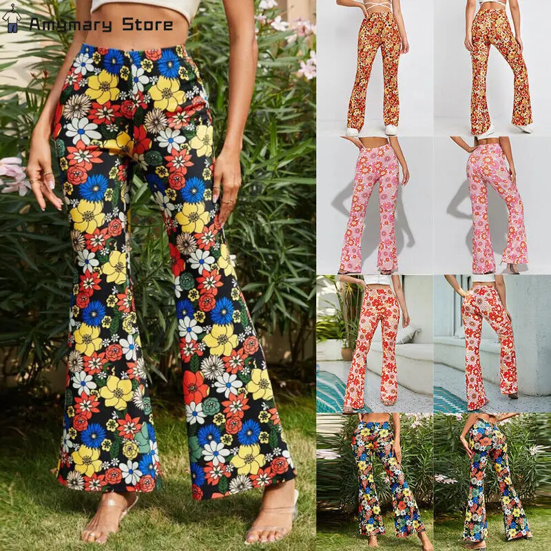 Women's Floral Sexy Bell Bottoms Trousers Summer Personality Street Fashion High Waist Wide-leg Pants Casual Slim Fit Trousers