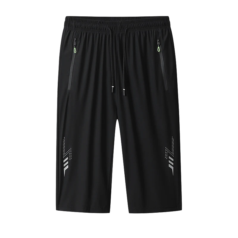 Men's Clothing Solid Color Elastic High Waisted Pockets Zipper Casual Summer Sweatpants Straight Capri Pants Preppy Style Shorts