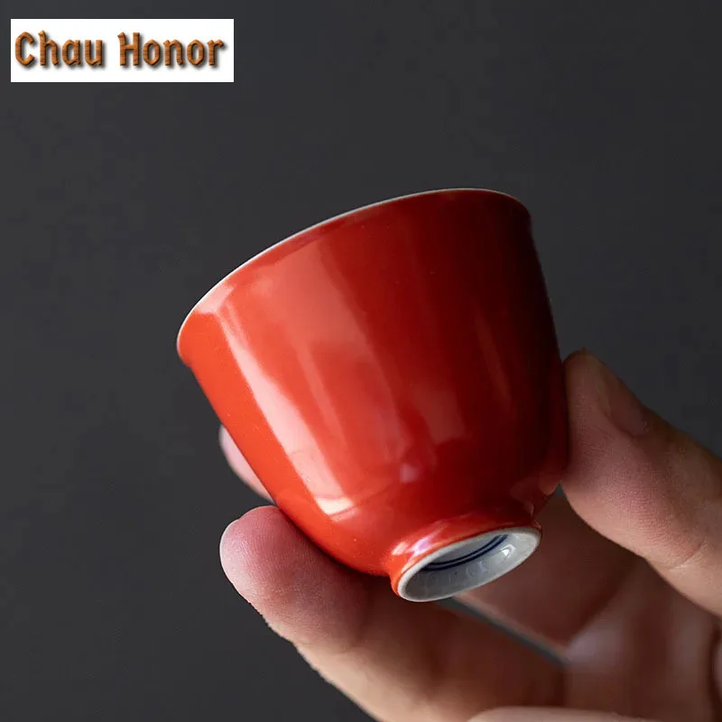 2pc/Set Coral Red Glaze Ceramic Tea Cup Household Single Teacup Personal Master Cup Small Guest Cup Kung Fu Puer Tea Ceremony