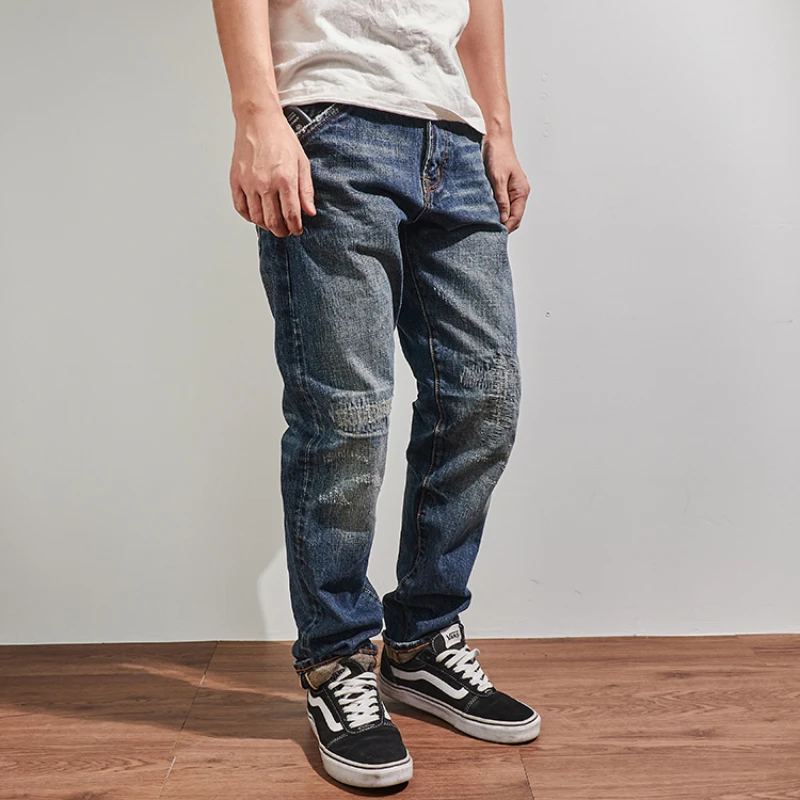 Autumn men's new retro red-eared denim high-end slim straight jeans heavy thick patch trousers