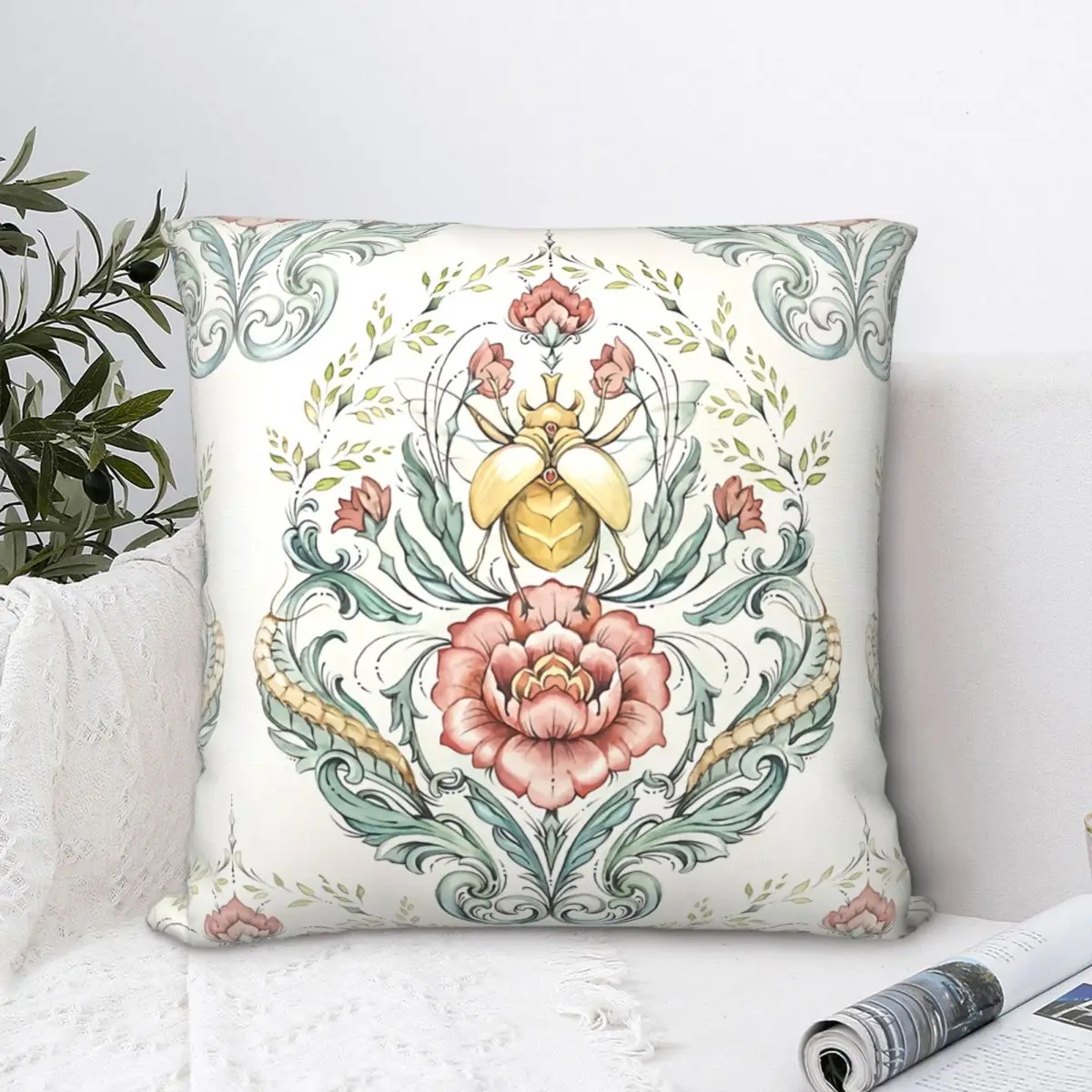 

Antique Pattern Beetle And Centipedes Polyester Cushion Cover Floral Flowers For Home Office Decorative Washable Pillow Cover