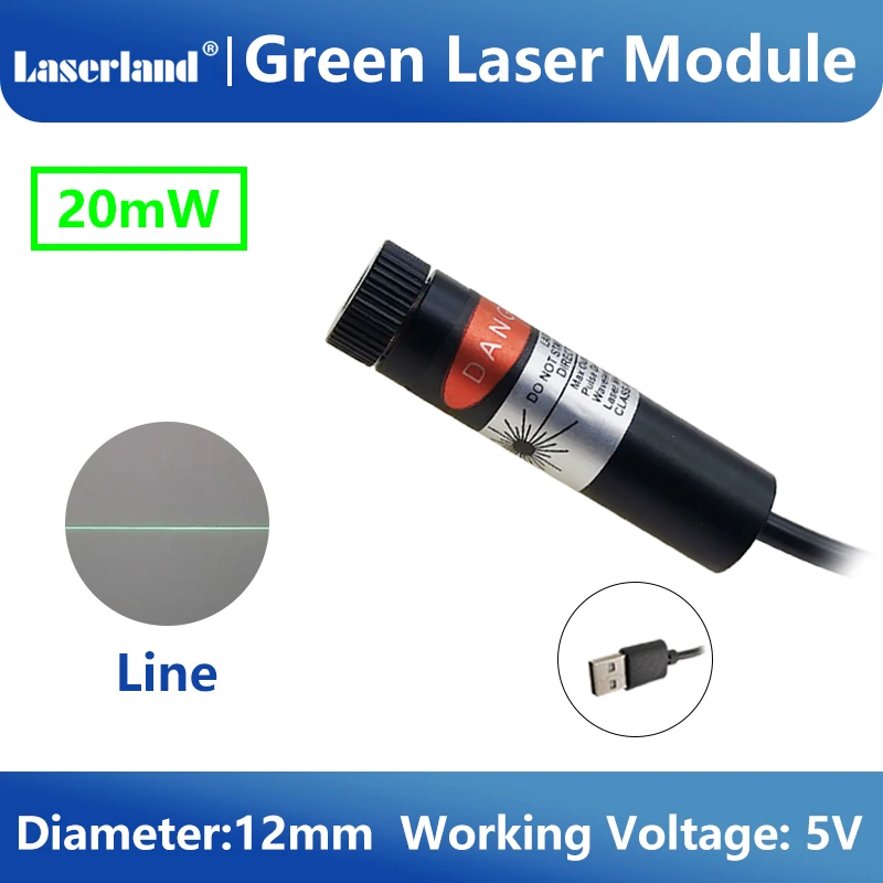 12mm Focusable 520nm 20mW Dot/Line/Cross Laser Module for Marking Welding Embroider with USB Connection laser module