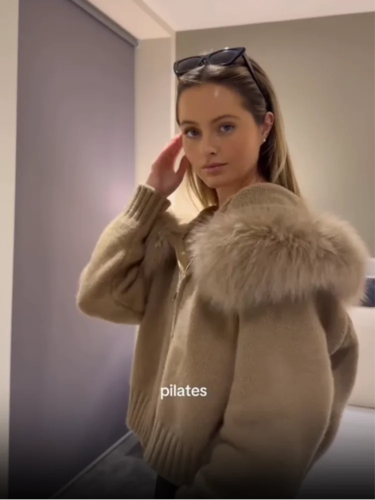 خمر مقنعين فو الفراء طوق سترة معطف المرأة  الخريف الشتاء كسول مزدوجة سحابات سترة متماسكة الصلبة بلوزات قصيرة غير رسمية