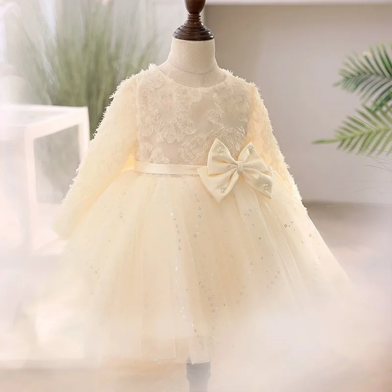 

Toddler Girl Birthday Clothes Champagne Lace Bow Cute Baby Baptism Gown Kids Wedding Party Elegant Princess Christening Vestidos