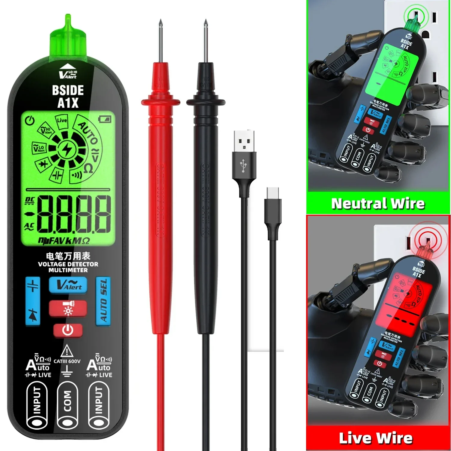 BSIDE A1X Voltage Tester Pen Multimeter Electronic USB Tester Breakpoint AC DC Non-Contact NCV Live Auto Diode Capacitance Hz digital multimeter multimeter tester voltage detector tester