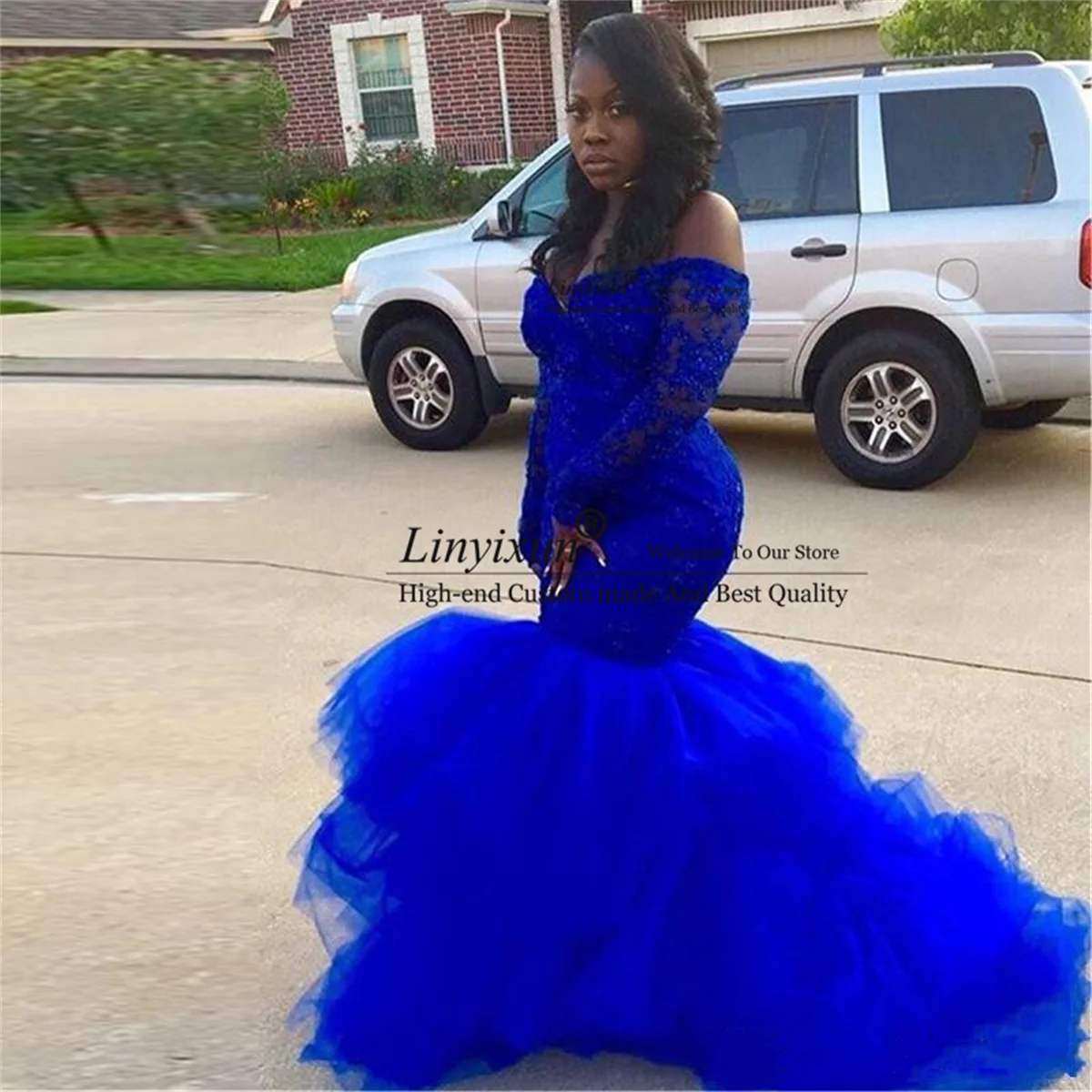 green prom dress African Royal Blue Long Sleeve Mermaid Prom Dresses Black Girl Elegant Lace Evening Dresses Plus Size Lady Formal Party Gowns green ball gown Prom Dresses