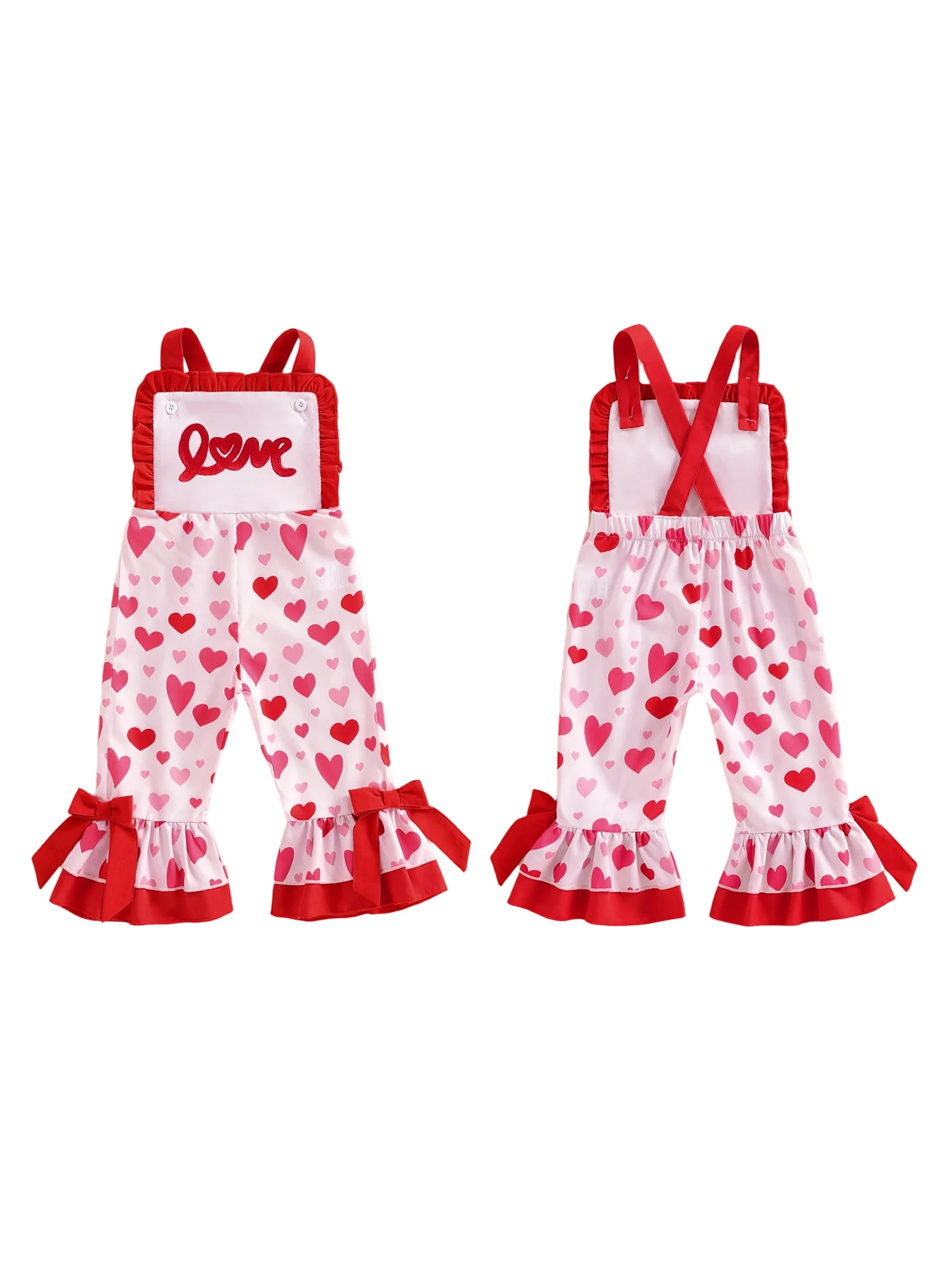 Sweetheart Toddler Girl Valentine s Day Heart Print Sleeveless Overalls with Bow Detail and Flare Pants for Summer and Spring