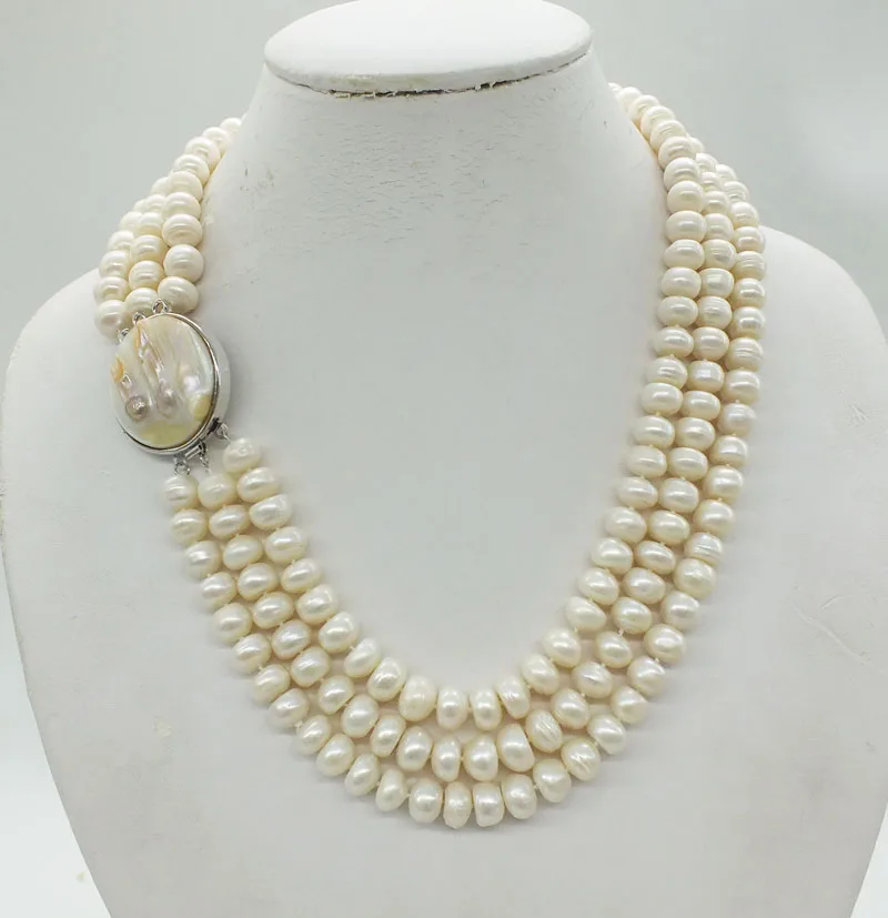 

charm / exquisite3 rows 8-9MM pearl necklace, classic, beautiful, bridal wedding necklace jewelry