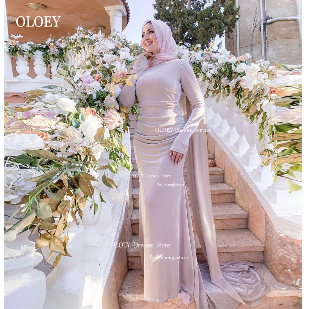 

OLOEY Modest Simple Blush Pink Mermaid Muslim Women Evening Dresses Caftan Long Sleeves High Neck Formal Arabic Prom Gowns