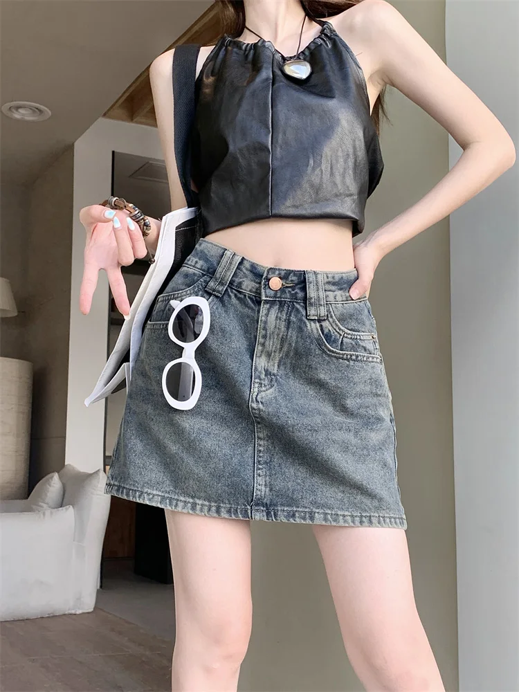 

Slergiri New Washed Denim Skirt Women's Y2k Vintage Streetwear Pockets High-Waisted A-line Jean Short Skirts Without Belt