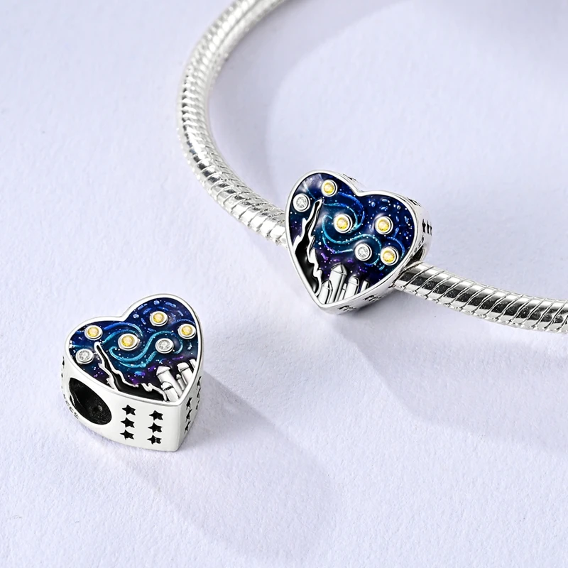925 Sterling Silver Little Van Gogh Starry Sky Charms Bead CZ Zircon Shining Star Dangle Fit Original Bracelet DIY Women Jewelry