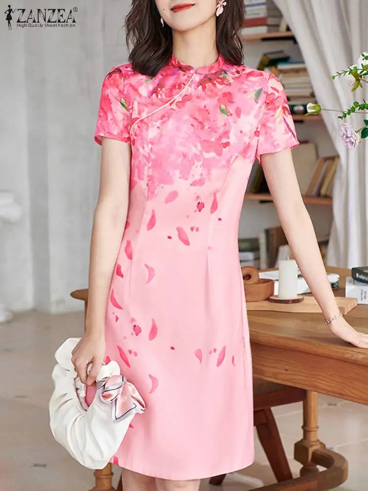 

ZANZEA Cinched Waist Floral Print Party Sundress Women Slim Elegant 2024 Summer Vestidos Short Sleeve Fashion Cheongsam Dress