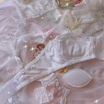French Underwear Thin White Cotton Lace Small Chest Retro Steel-free Flat Bra Set  Bra for Women - Image 3