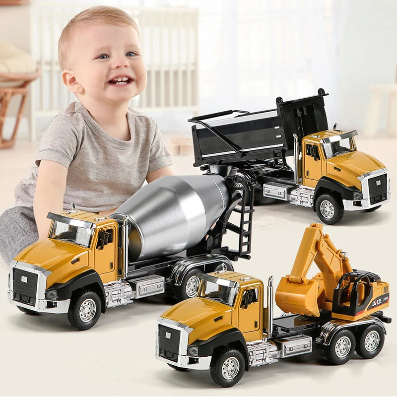 

3 pcs Alloy Diecast Engineering Construction Vehicles Dump Digger Mixer Truck 1/50 Scale Metal Model Cars Pull Back Car Boy Toys