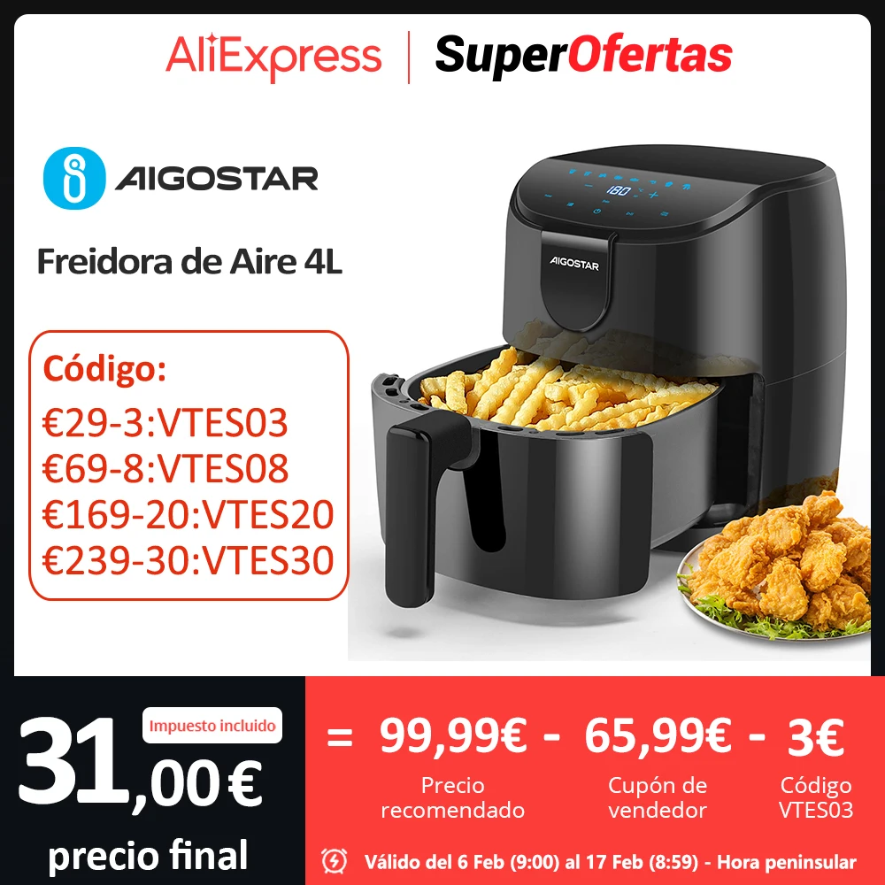 Freidora de Aire 9 en 1, Air Fryer 4L con Temporizador de 60 Minutos y Pantalla LED, Temperatura Ajustable de 40℃ a 200℃, Canasta Antiadherente, Menos Aceite y Sin Humo, 1500W