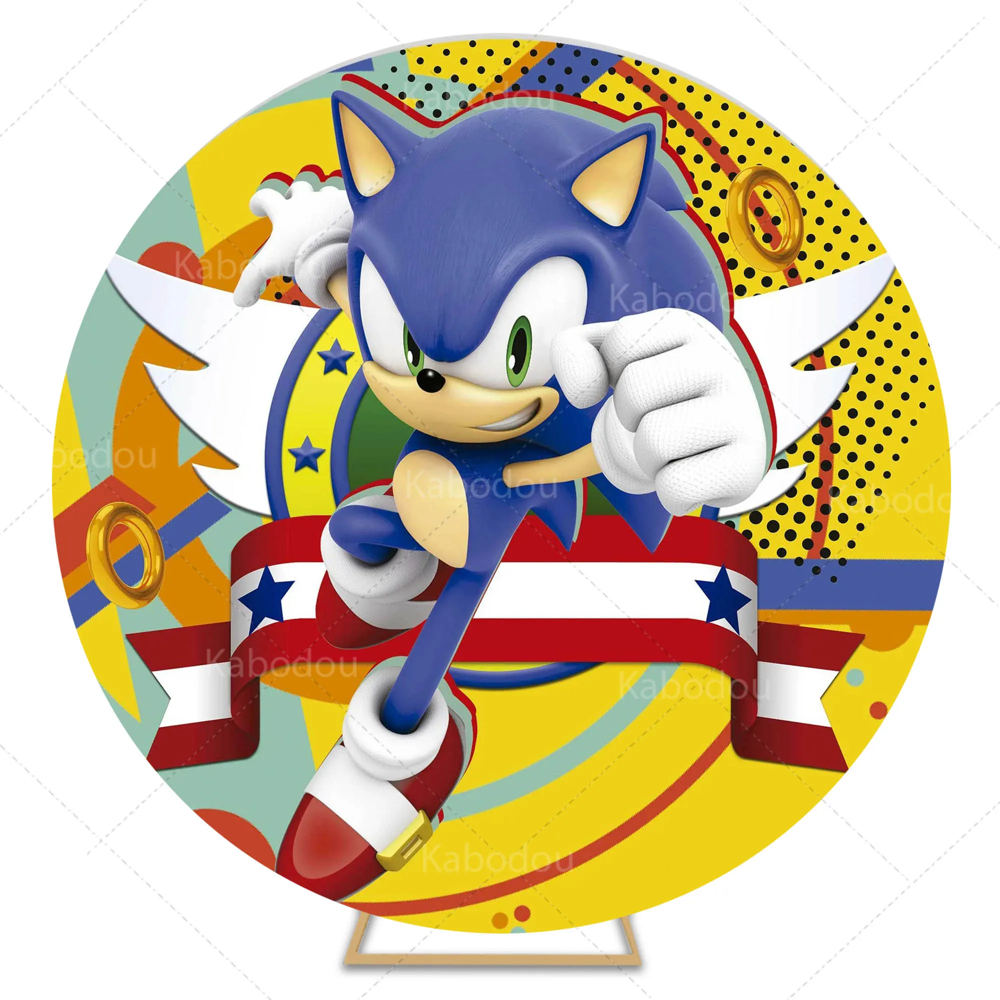 thumbnail image 1 of Fondo de anillo dorado redondo de Sonic para decoración de fiesta de cumpleaños de niños, fondo de fotografía para baby shower, accesorio de estudio circular, 1 of 5