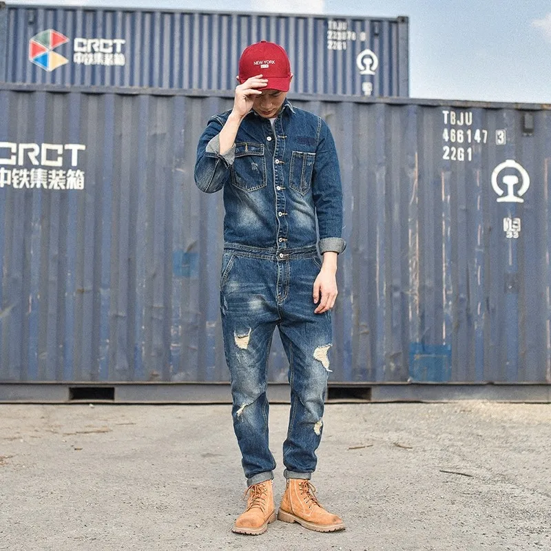 Korean Men Fashion Onesies Suspender Trousers Japanese Retro Casual Jumpsuit Male Slim Denim Jackets Overcoat