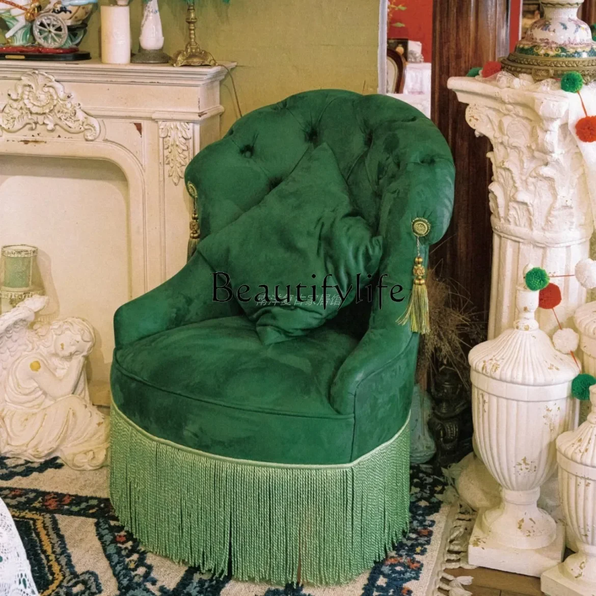

French Retro Green Velvet Pull Buckle Single-Seat Sofa Chair Dressing Leisure Chair Balcony Nostalgic