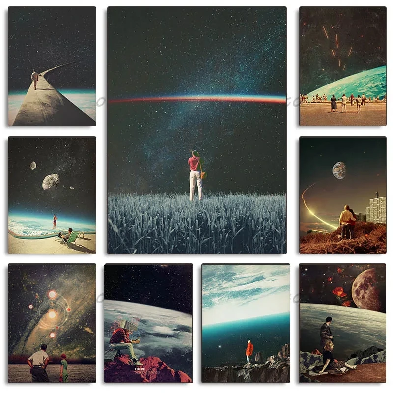 

People in love Earth Canvas Art Print and Poster Surrealism Galaxy Space Honeymoon Canvas Painting Wall Picture Sci-Fi Art Decor