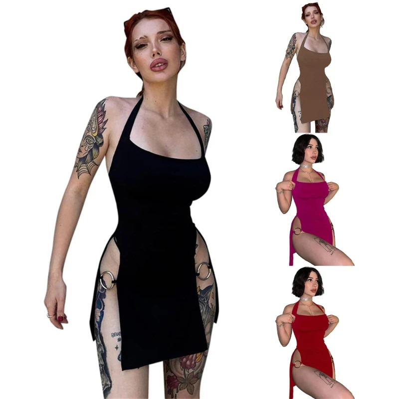 

Women Sleeveless Summer Bodycon Dress Halter Backless Side Slit Mini Dresses